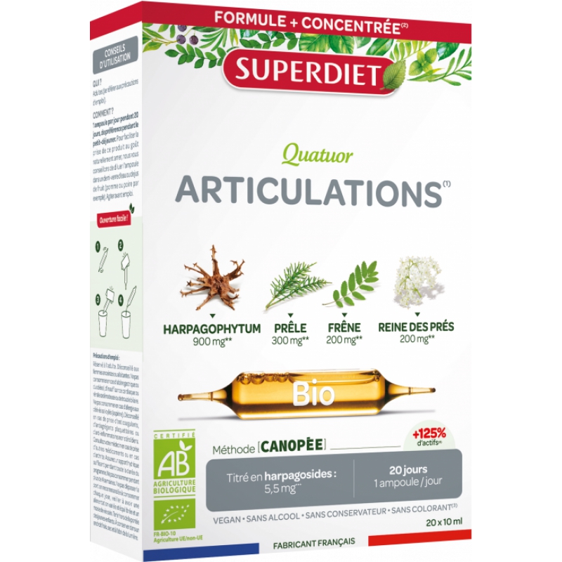 Superdiet Quatuor Articulations bio 20 ampoules de 10ml harpagophytum cassis Pharma5avenue