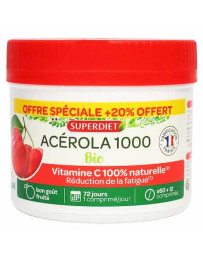 Super Diet Acérola Bio 1000 Vitamine C avec 20pc offert maxi pot de 72 comprimés
