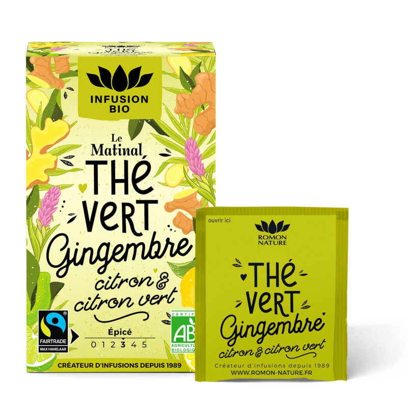Romon Nature Thé vert le matinal Gingembre bio Citron bio Citron vert bio 16 sachets