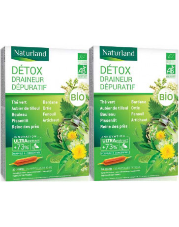 Naturland - extrait fluide Detox Bio aux 11 plantes - PROMO de 2 boîtes de 20 ampoules Naturland - extrait fluide Detox Bio aux 11 plantes - PROMO de 2 boîtes de 20 ampoules