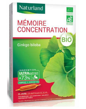 Mémoire Concentration Ginkgo biloba BIO 20 ampoules de Naturland Mémoire Concentration Ginkgo biloba BIO 20 ampoules de Naturland