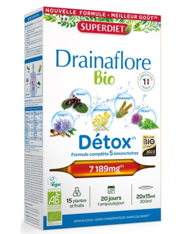 Super Diet Drainaflore bio 20 ampoules de 15 ml, draineur detox bio Pharma5avenue Super Diet Drainaflore bio 20 ampoules de 15 ml, draineur detox bio Pharma5avenue